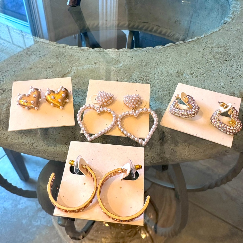 $120 New With Tags! 4 Pairs Boutique Gold Earrings Rhinestone, Pearls, Hearts